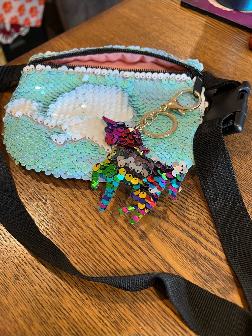Sequin Mermaid Mini Fanny Pack Bag - Iridescent Aqua with Unicorn Charm